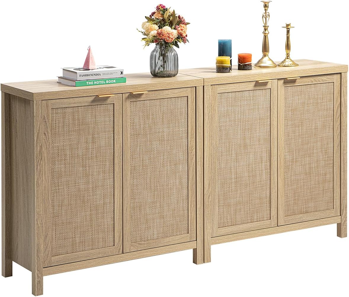 SICOTAS Credenza Sideboard Buffet Cabinet - Boho Rattan Kitchen Storage Cabinet with 4 Rattan Decorated Doors - Accent Liquor Cabinet Buffet Console Table for Dining Room Hallway - 2 Pieces(Light Oak)