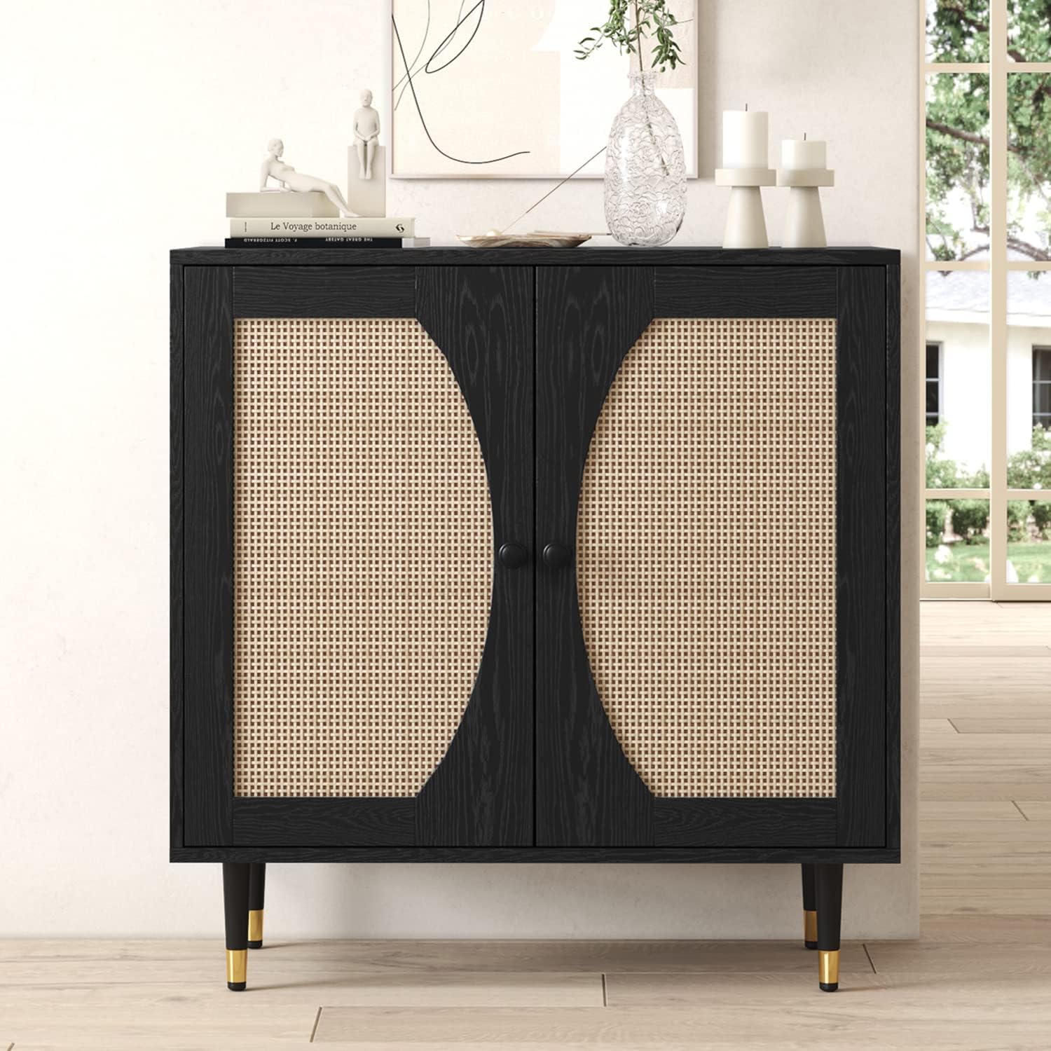 Black Buffet Sideboard Cabinet, Rattan Sideboard with Natural Rattan Doors, Black Rattan Console Table with Storage, Modern Accent Buffet Cabinet with Adjustable Shelves for Living Dining Room