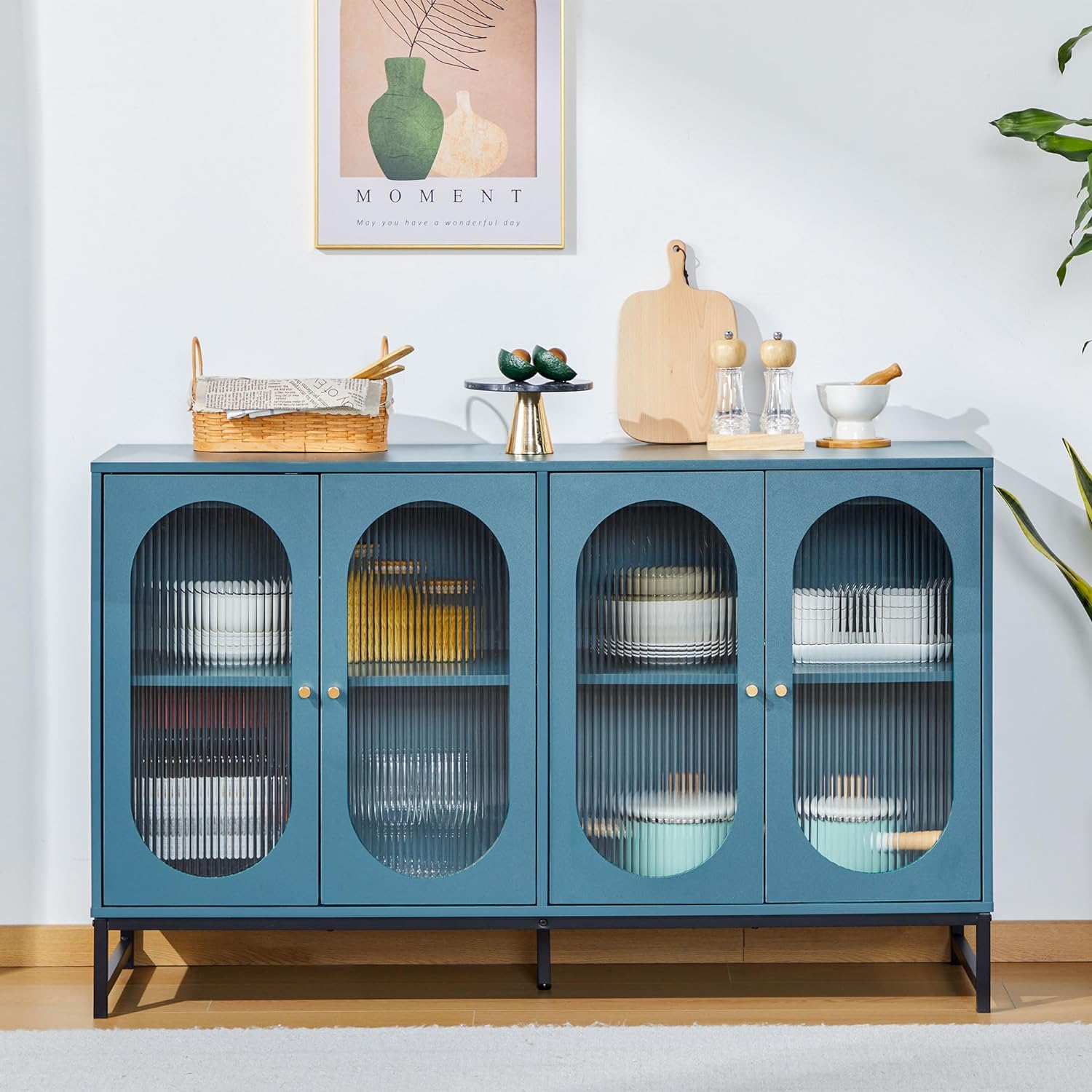 Modern Sideboard Cabinet, Accent Storage Cabinet with Glass Doors, Freestanding Cabinet Cupboard Console Table for Kitchen Dining Living Room Hallway Office,Blue