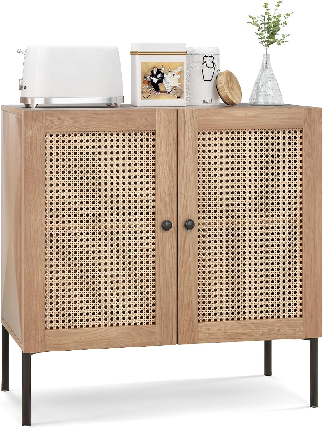 Giantex Buffet Cabinet, Wood Sideboard Storage Cabinet with Rattan Door, 3-Position Adjustable Shelf, Freestanding Coffee Bar Accent Cabinet, Kitchen Cupboard Organizer for Living Room Hallway