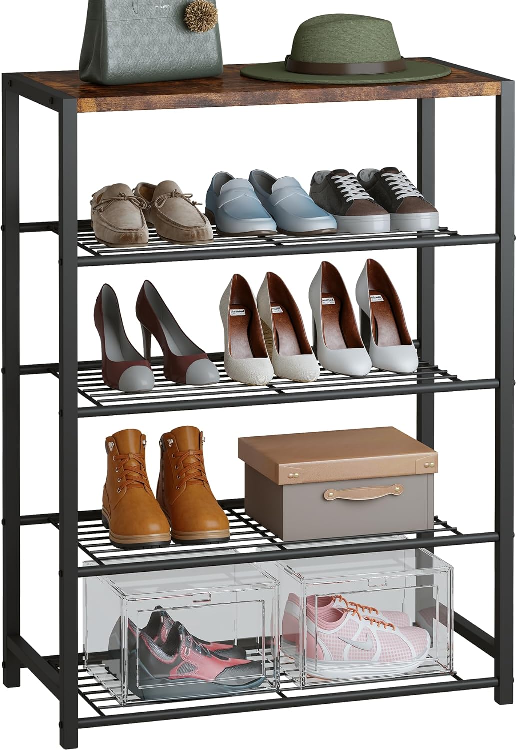 Yusong Shoe Rack, 5 Tier Shoe Organizer Storage for Closet Entryway, Narrow Tall Metal Shoe Shelves with Industrial Wooden Top, Rustic Brown and Black