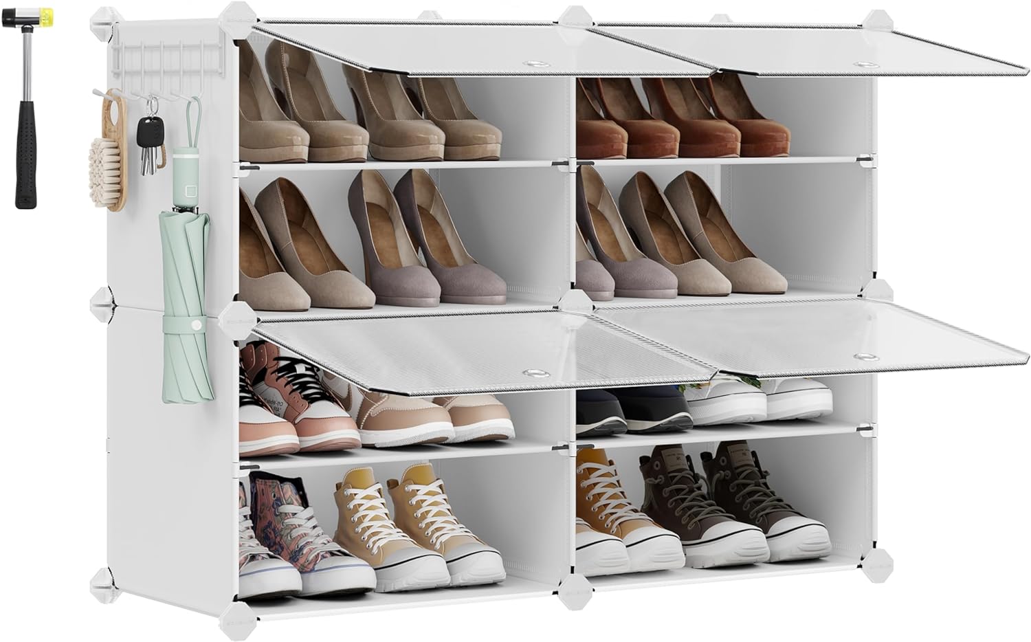 SONGMICS Shoe Rack, 4 Cubes Shoe Organizer with Doors, 16 Pair Plastic Shoe Storage Cabinet, for Bedroom, Entryway, Steel Frame, Plastic Panel, White ULPC032W01