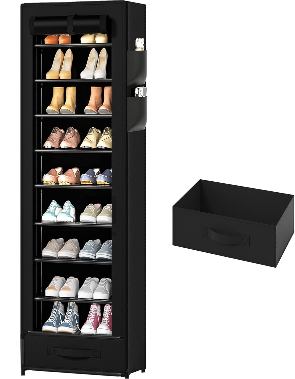 Narrow Shoe Rack 10 Tier Tall with Storage Box,Fabric Covered Metal Shoe Rack Organizer for Closets ,17.7L 11.8W 68.9H