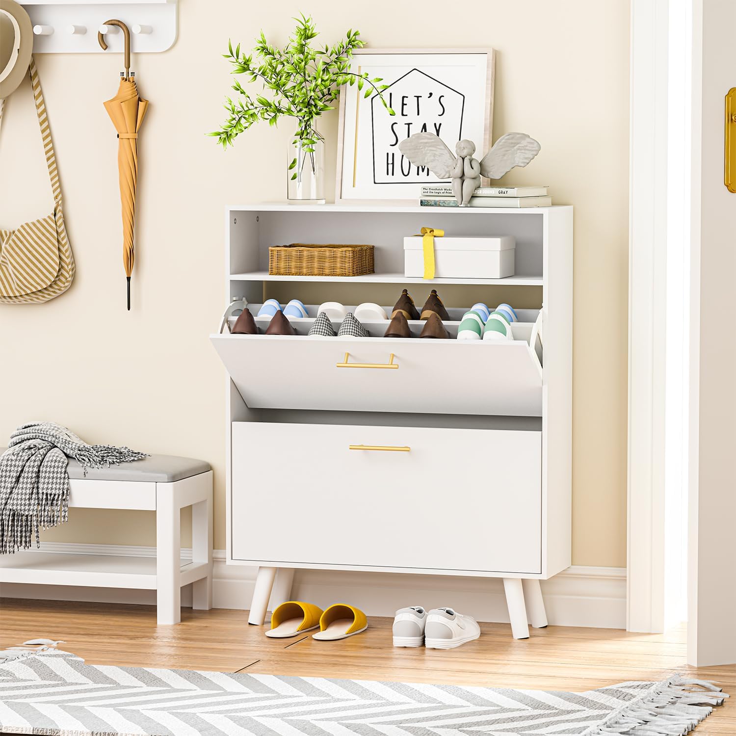 Shoe Cabinet for Entryway, Slim Shoe Storage Cabinet with 2 Flip Drawers, Freestanding Shoe Organizer with Open Shelf for Hallway, White