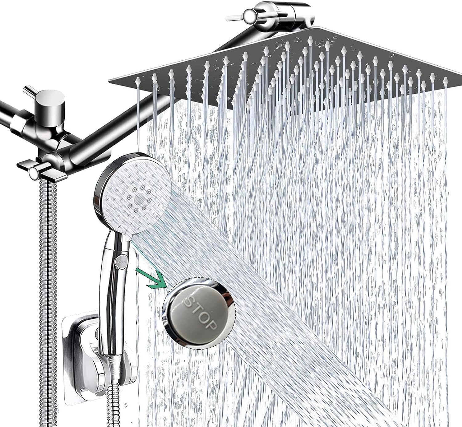 10 Inch Shower Head Combo, High Pressure Rainfall Shower Head with 4 Settings Handheld Spray and 11 Inch Brass Adjustable Extension Arm, 78'' Anti-leak Shower Hose, Chrome