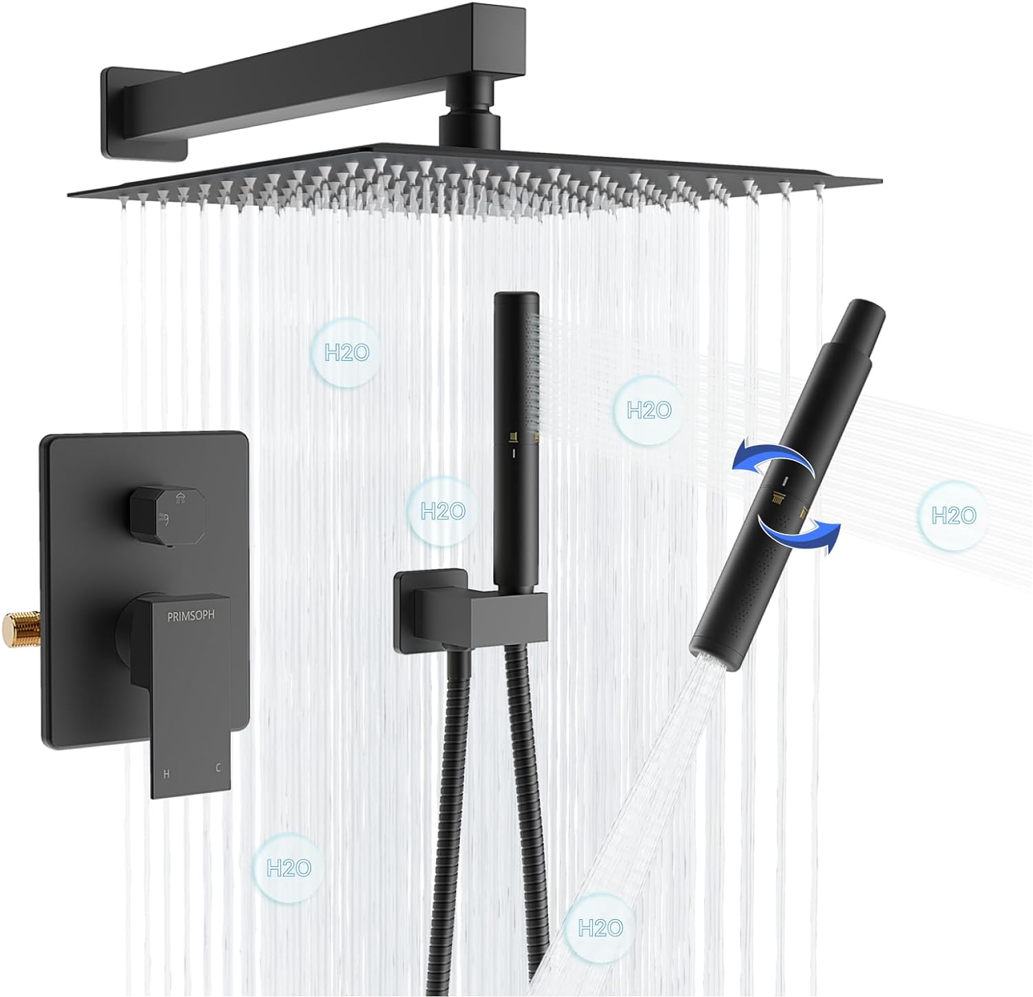 12 inch Shower System Rain Rainfall Shower Head with Valve and Handheld Handle with Jet Bathroom Bathtub Tub Faucet Complete Set Square Modern Trim Kit Wall Mounted Combo Matte Black