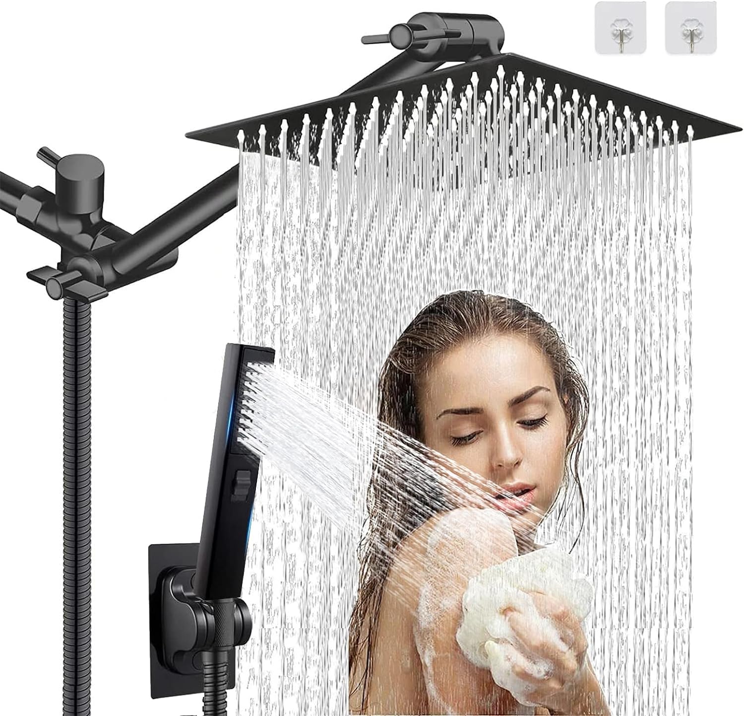 10 High Pressure Square Rainfall Shower Head and 2-in-1 Hand Shower,Rainfall Showerhead with 11 Shower Arm,Equipped with 78Hose,Adhesive Shower Head Holder (Square Black Shower Head Set)