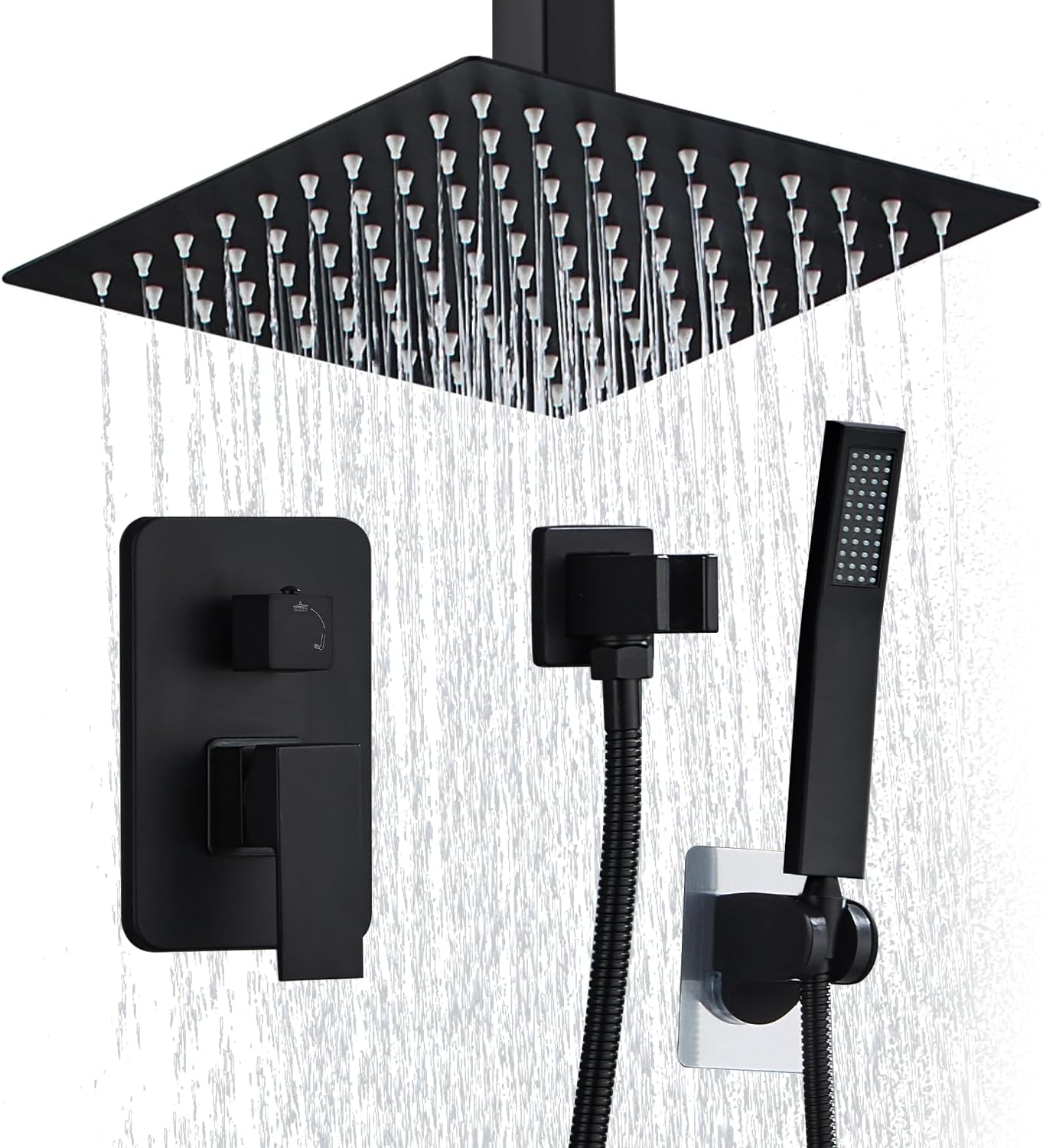 12 Inch Shower Faucet Set High Pressure Rainfall Shower System Ceiling Mount Square Rain Shower Spray Combo Luxury Shower Fixtures Matte Black