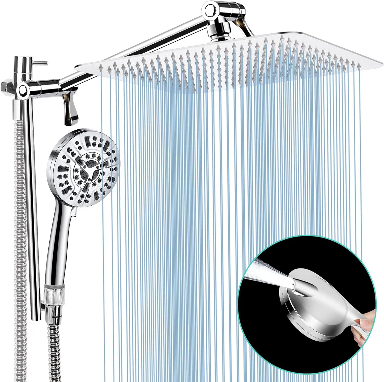 Shower Head with Handheld, 10'' High Pressure Rain Shower Head/10 Modes Handheld Shower Heads Power Wash Back with 11'' Extension Arm, Holder, 5ft Hose, Flow Regulator, Chrome, Height/Angle Adjustable