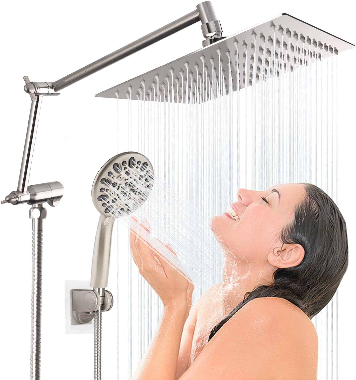 Hygie Rinse All Metal 10 Inches Rainfall Shower Head with 7-Spray Handheld Spray Combo, Adjustable Folded Extension Arm, 71 Inch Stainless Steel Shower Hose and 3 Settings Diverter, Brushed Nickel