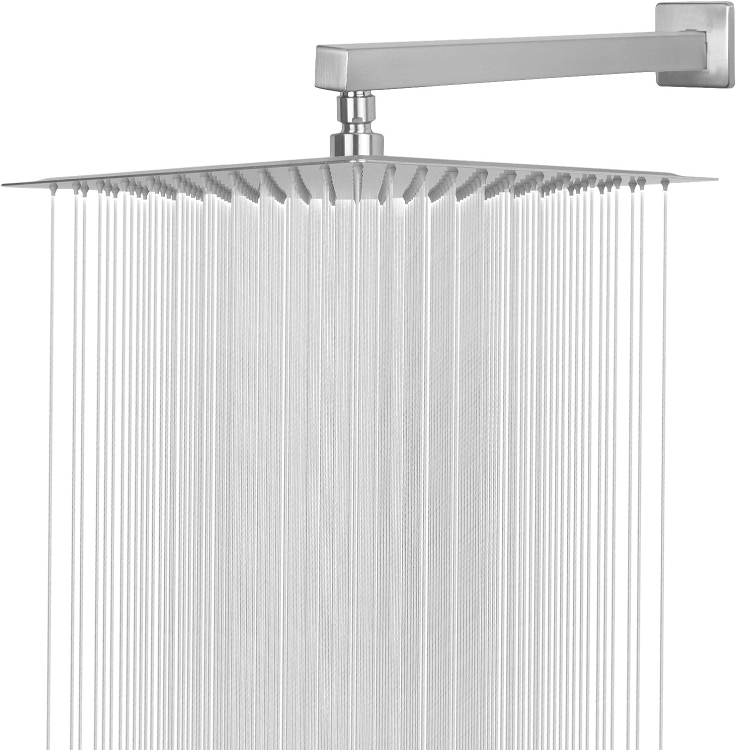 HarJue Shower Head with Extension Arm, High Pressure Square Shower Head with ShowerArm, Stainless Steel Rainfall Showerhead-Waterfall Full Body Coverage (12'' ShowerHead with 16'' Arm, Brushed Nickel)