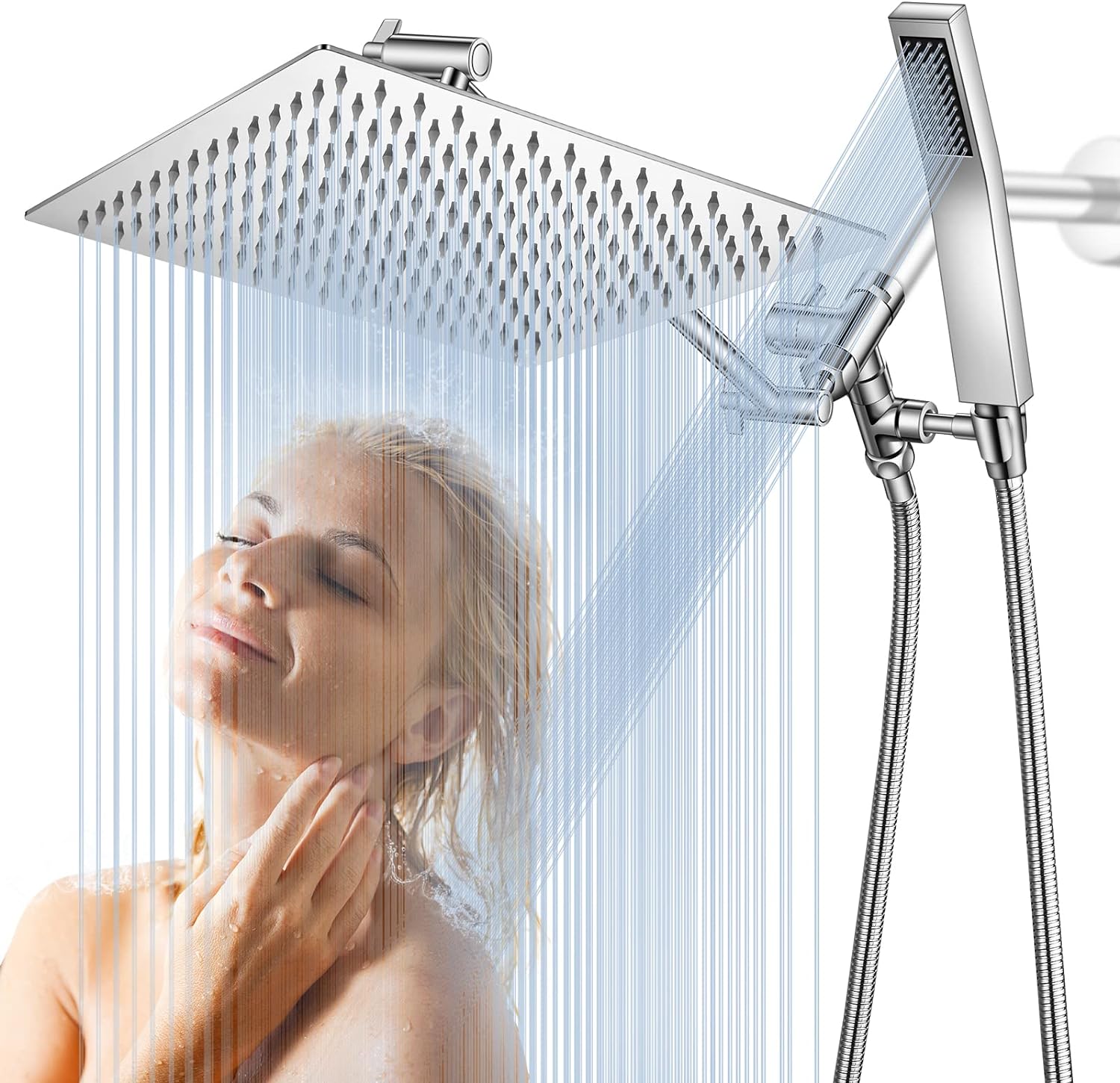 12 Chrome Dual Square Shower Head, 15 Brass Adjustable Extension Arm, Rainfall Shower Head with Handheld, 3-Way Diverter with Holder, Teflon Tape Included