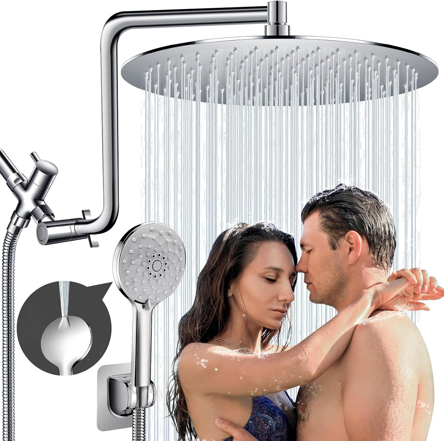 12 Rainfall Shower Head with Handheld Combo, High Pressure Shower Heads with Upgraded 12 Adjustable Curved Shower Extension Arm, 6 Settings Handheld Shower Head Built-in Power Wash Anti-leakChrome