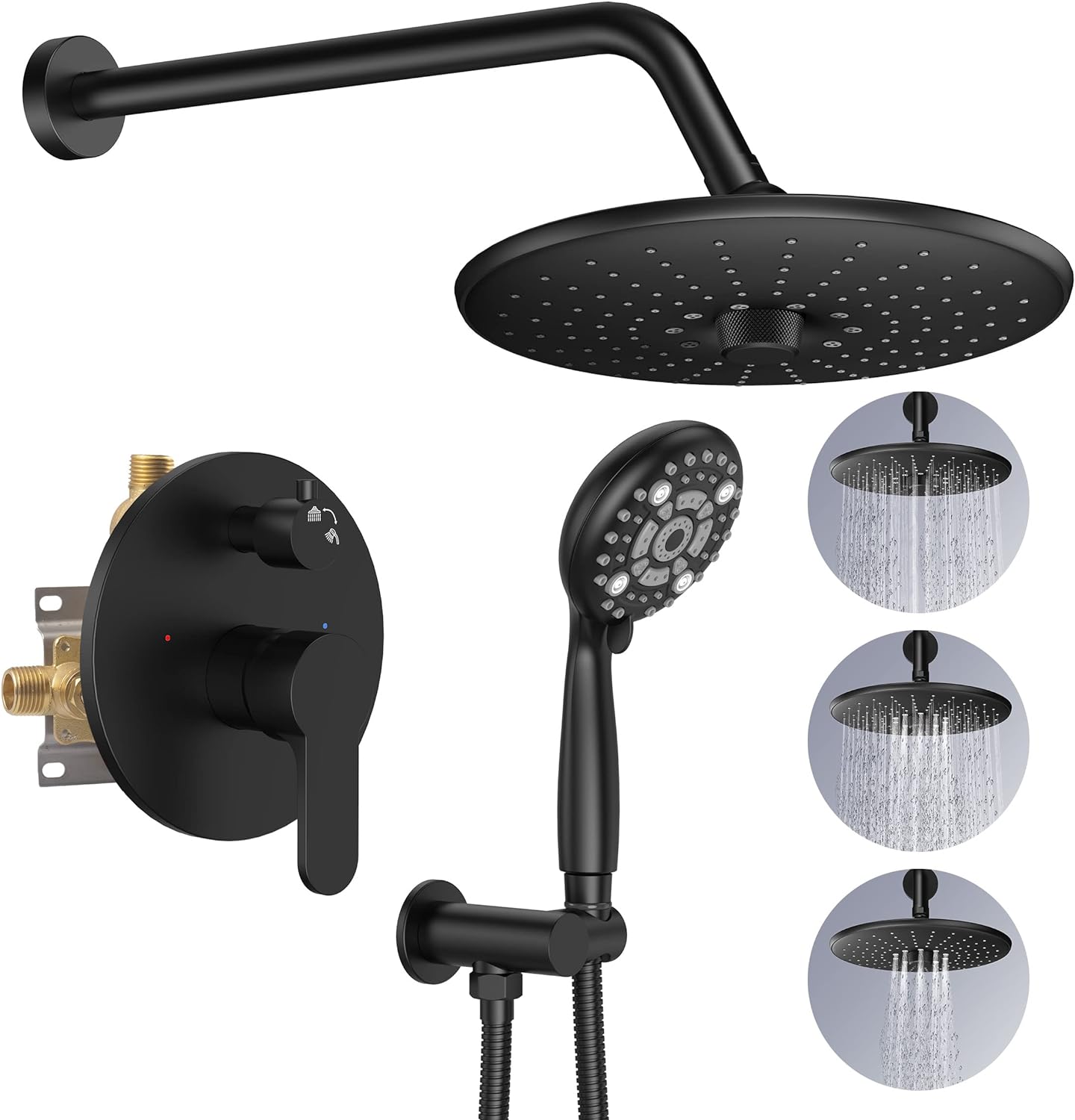 Black Shower System - 3 Functions 10 Inches Rain Shower Head Faucet- 6 Setting Handheld Shower Head Set- Valve Included - Matte Black