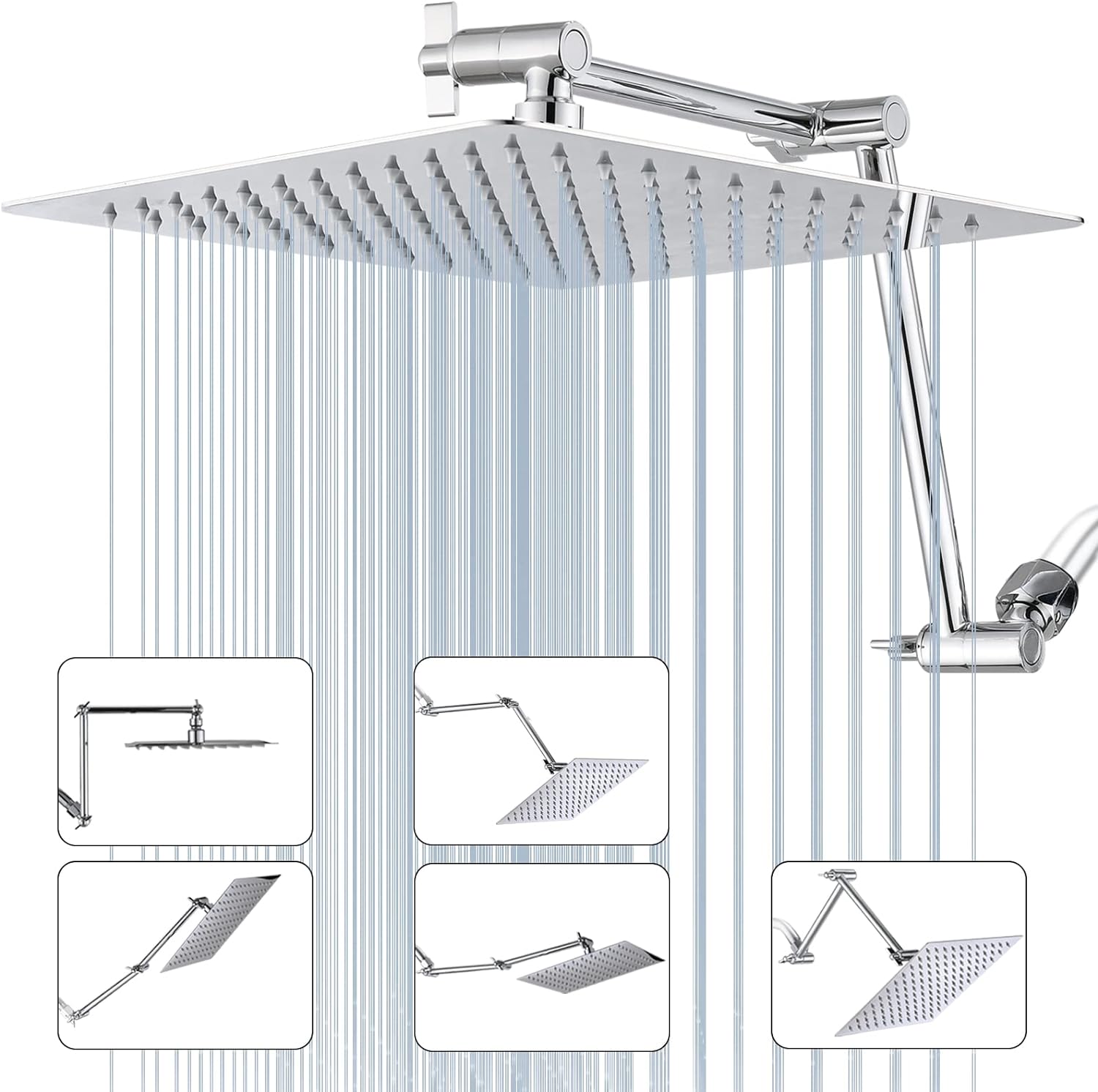 PDPBath 12 Rain Shower Head with 16 Upgrade Flexible Extension Arm, 304 Stainless Steel High Pressure Rainfall Showerhead, All Metal Square Waterfall Showerhead with Extender - Chrome