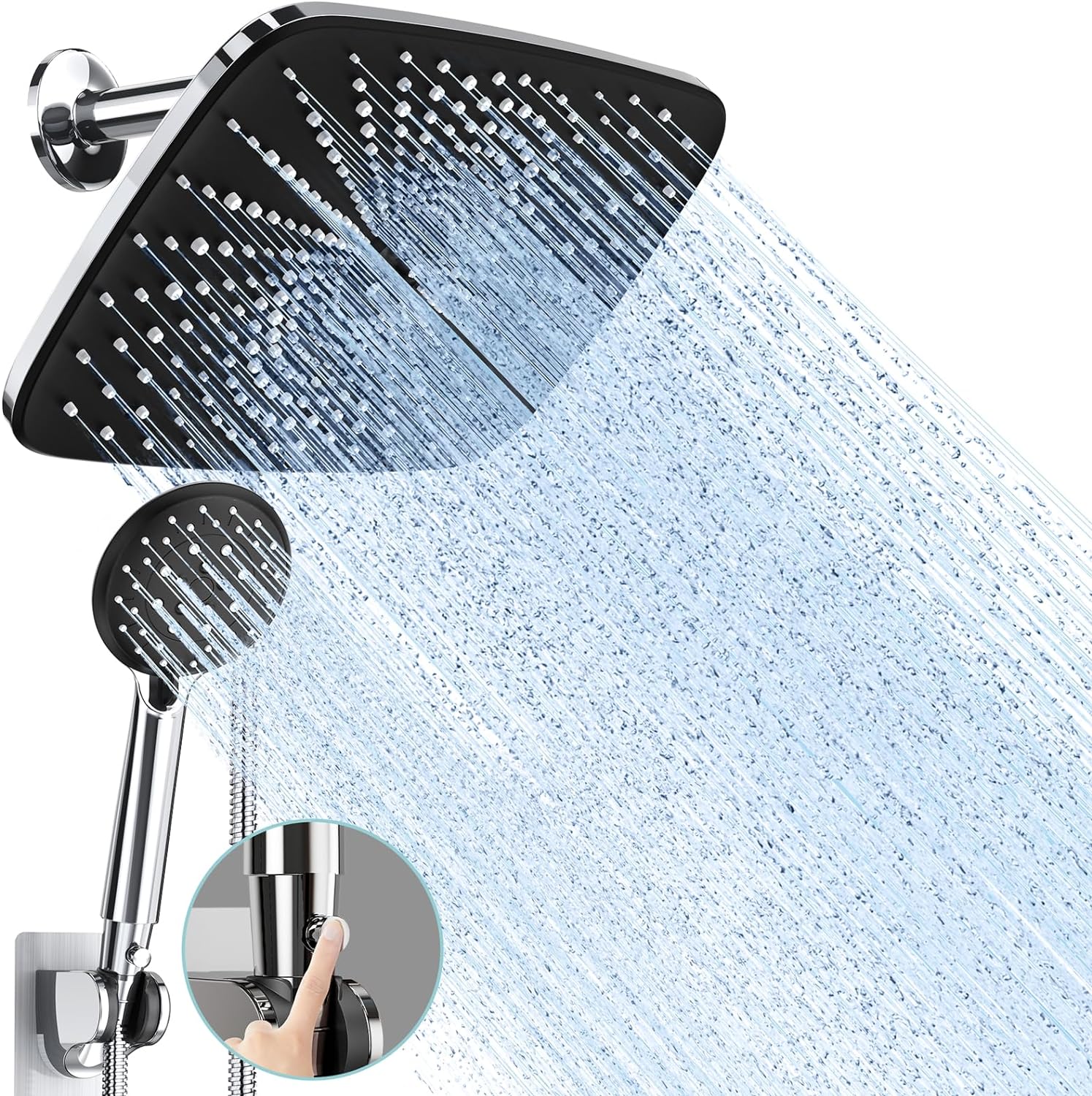 Veken 12 Inch High Pressure Rain Shower Head -Shower Heads with 5 Modes Handheld Spray Combo- Wide RainFall shower with 70 Hose & Bracket- Adjustable Dual Showerhead with Anti-Clog Nozzles - Chrome