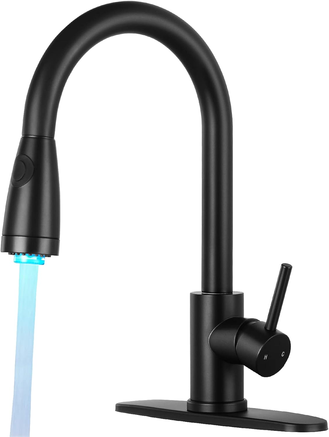 Qomolangma Matte Black Kitchen Faucet with Pull Down Sprayer, LED Single Handle Kitchen Sink Faucet with Pull Out Sprayer, Stainless Steel,Fingerprints Resistant