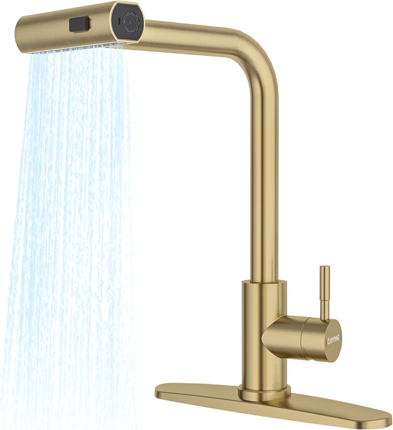 DAYONE Gold Waterfall Kitchen Faucet with Pull Down Sprayer, Brushed Gold Kitchen Faucet 90 Rotary Switch, Stainless Steel 3 Holes Faucet for Kitchen Sink, 20-inch Hose & Hot Cold, DAY-CR2547