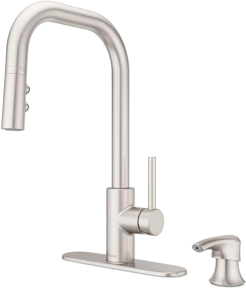 Pfister Zanna Kitchen Faucet with Pull Down Sprayer and Soap Dispenser, Single Handle, High Arc, Spot Defense Stainless Steel Finish, F5297ZNRGS