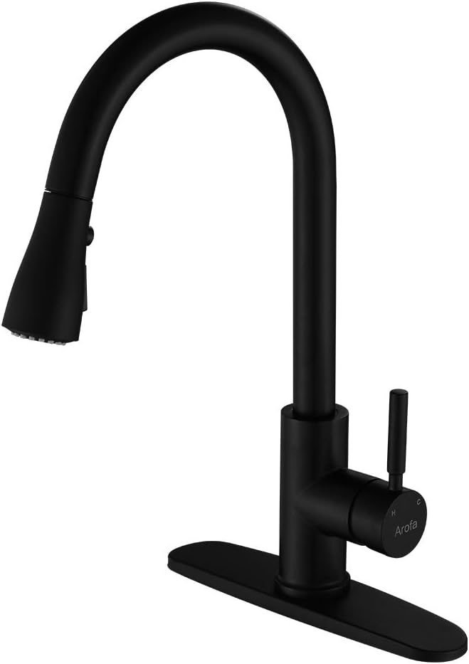 Arofa Matte Black Kitchen Faucet, Kitchen Sink Faucet with Pull Down Sprayer Single Handle Stainless Steel Commercial Modern for 1 or 3 Hole Farmhouse Camper Laundry Utility Rv Bar Sinks