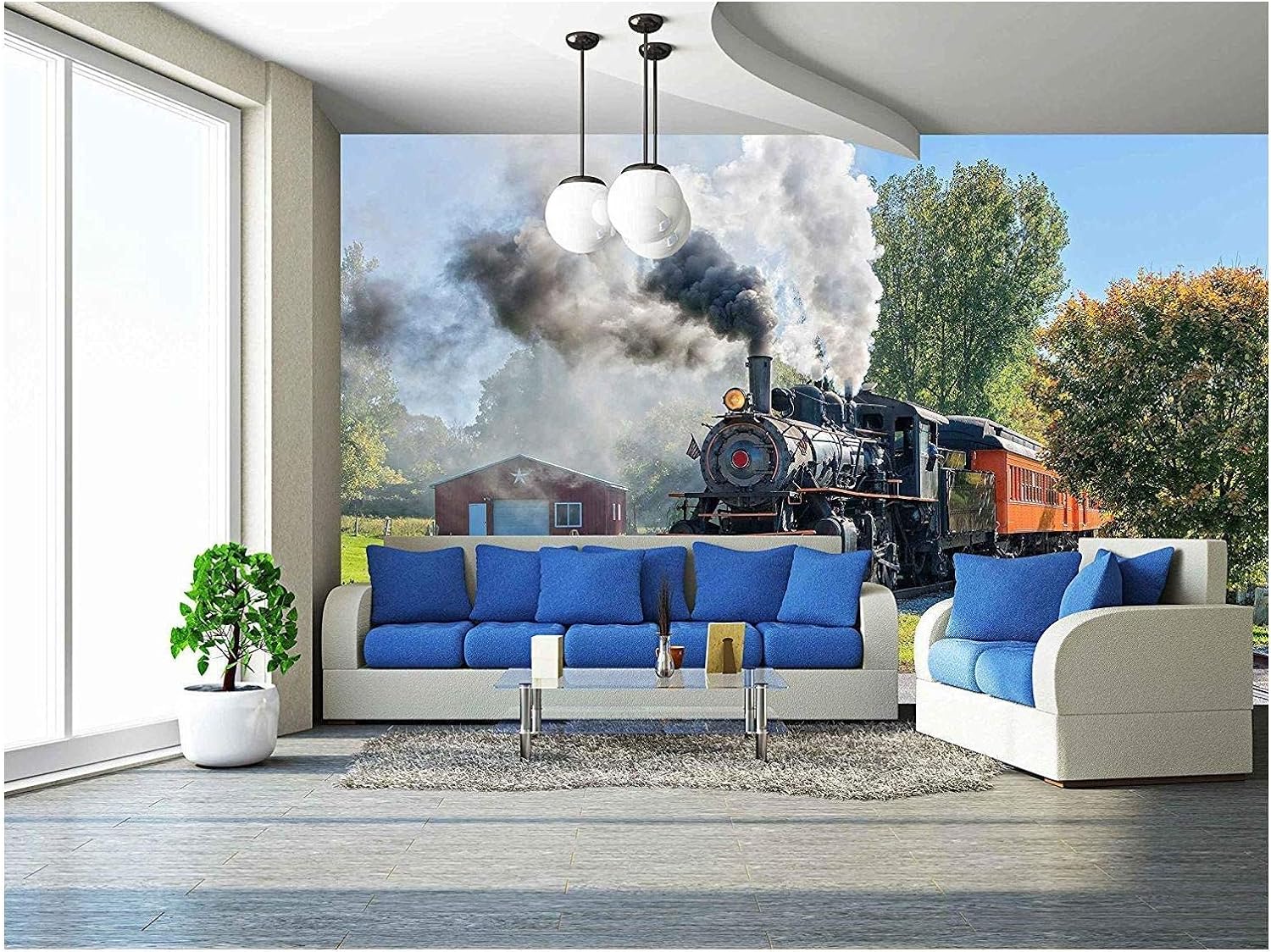 wall26 - Old Vintage Steam Engine Arriving at The Train Depot - Removable Wall Mural | Self-Adhesive Large Wallpaper - 66x96 inches