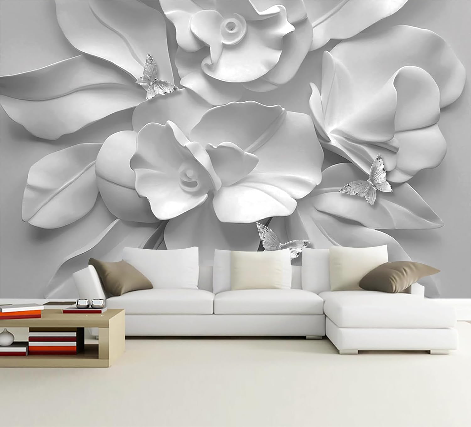 WFBHUA-3d Gray Floral Wallpaper Mural Black and White Embossed Peony Flowers Butterfly Wallpaper for Living Room Bedroom(Not Peel and Stick)