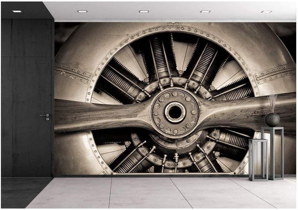 wall26 - Vintage Propeller Aircraft Engine Engineering Closeup - Removable Wall Mural | Self-Adhesive Large Wallpaper - 66x96 inches