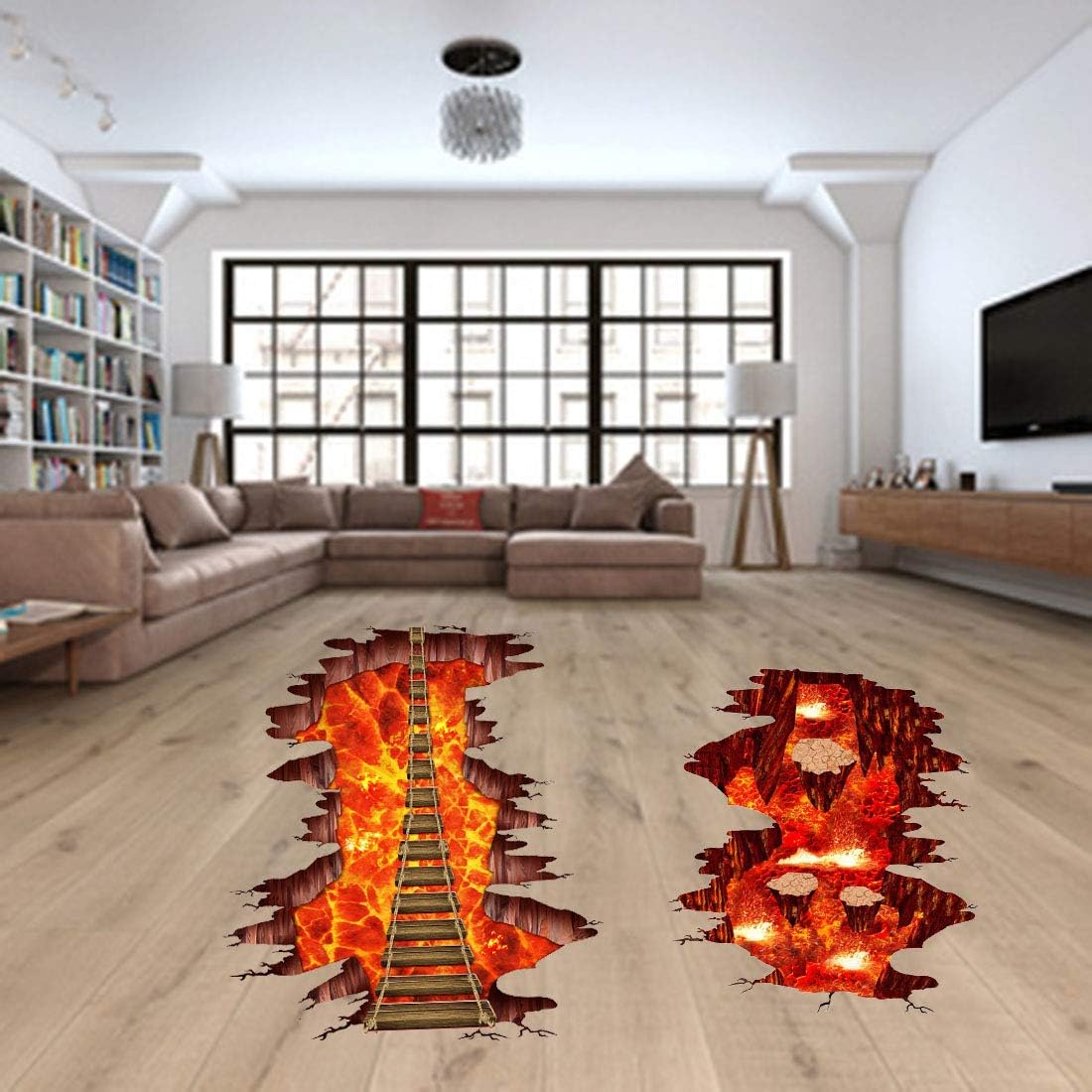 SENGTER 2PACK Removable 3D Wallpaper Floor Flame and Lava Wall Stickers Anime Wall Art Volcano Magma Blaze Wall Decals Floor Decor Waterproof Wall Murals Peel and Stick Wall Decor for Bedroom