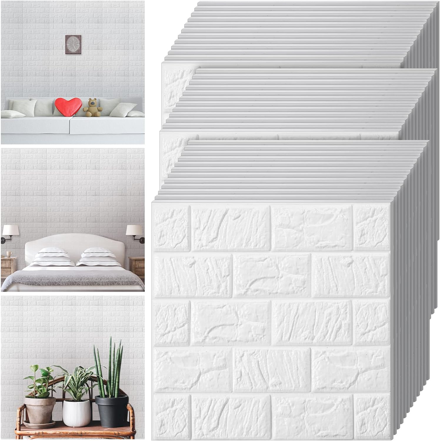 120 Pcs Brick Wallpaper 3D Wall Panels Peel and Stick Brick Wall Sheets Faux Wall Brick Sticker Waterproof Wallpaper Background for Living Bedroom Laundry Kitchen Fireplace TV Wall Decor (White)