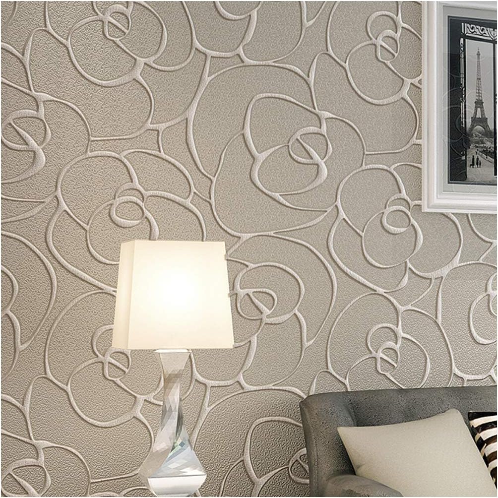 QIHANG Modern Minimalist Embossed 3D Rose Flower Non-Woven Wallpaper Cream&Gray Color 0.53m(1.738' W) x 10m(32.8' L)=5.3(57 sq.ft)