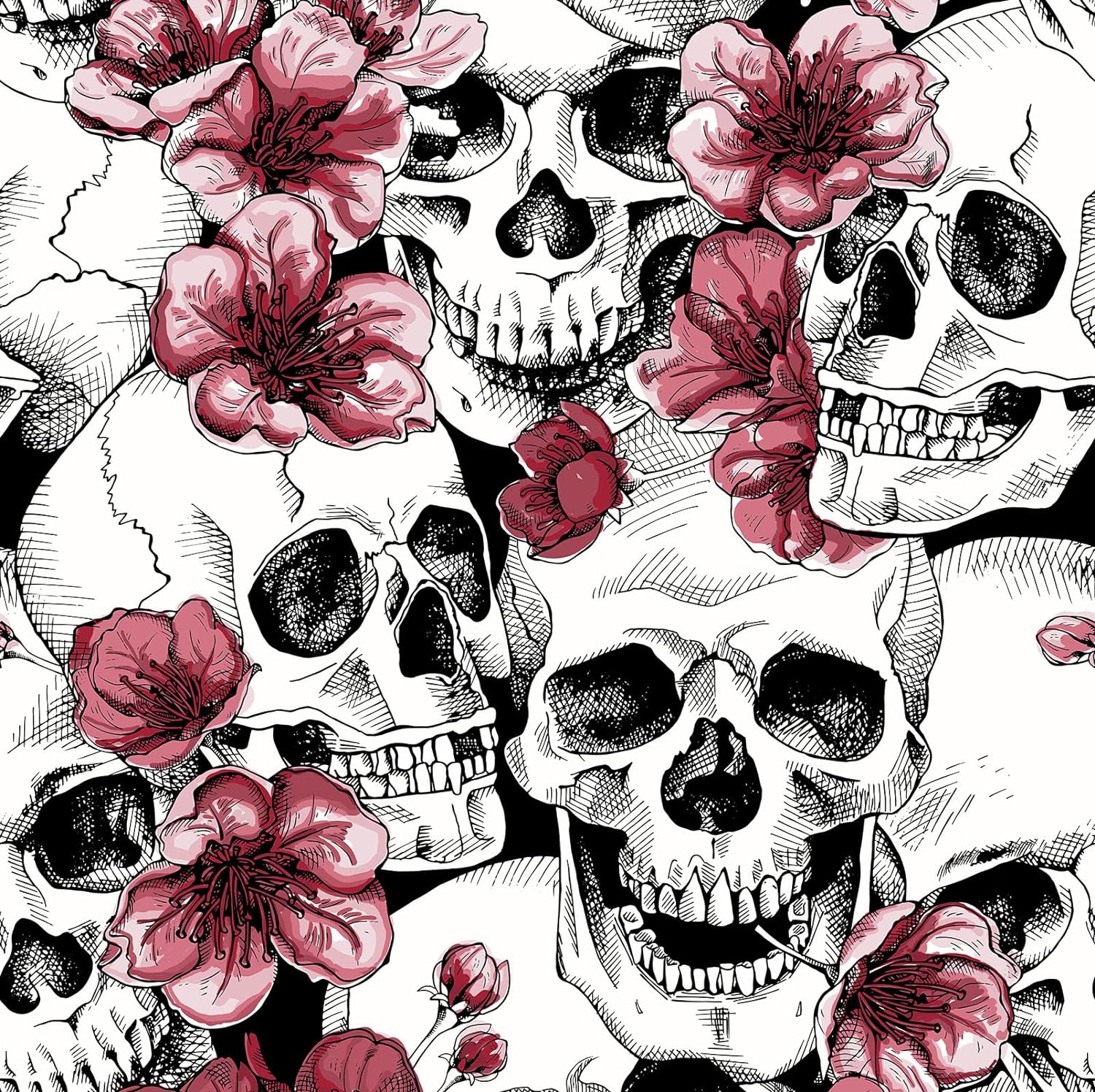 17.3x236In Skull Peel and Stick Wallpaper Red Floral Wallpaper Self Adhesive Waterproof Contact Paper Removable Wall Paper White Gothic Wallpaper for Accent Wall Living Room Funiture Decor