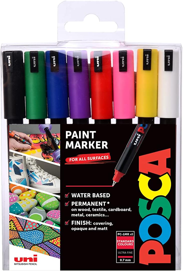 Posca PC-1MR Permanent Marker Paint Pens. Ultra Fine Tip for Art & Crafts. Multi Surface Use On Wood Metal Paper Canvas Cardboard Glass Fabric Ceramic Rock Pebble Porcelain. Set of 8 Standard Colours