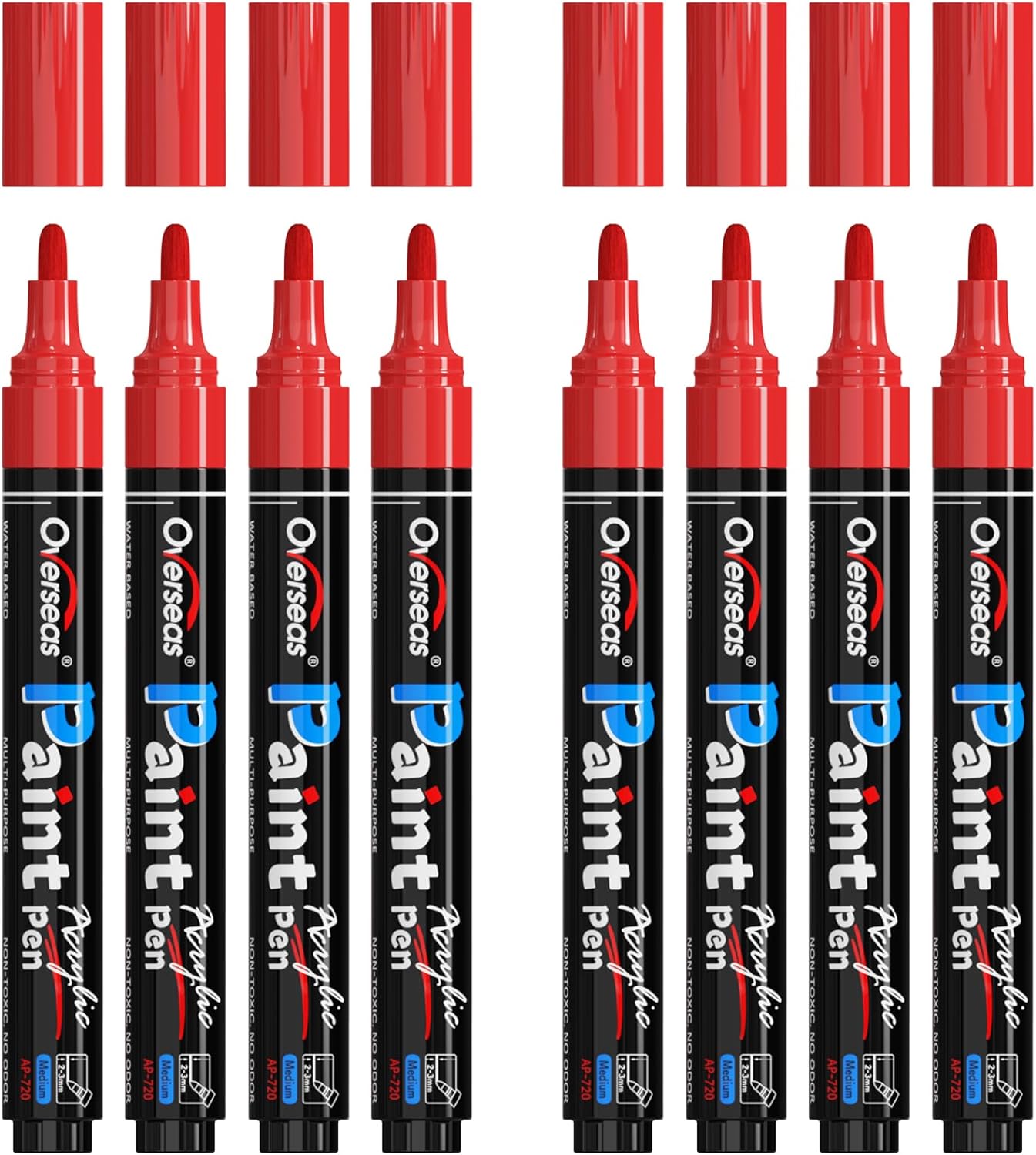 Red Paint Pens Paint Markers - Permanent Acrylic Markers 8 Pack, Water-Based, Quick Dry, Waterproof Paint Marker Pen for Rock, Wood, Plastic, Metal, Canvas, Glass, Fabric, Mugs. Medium Tip