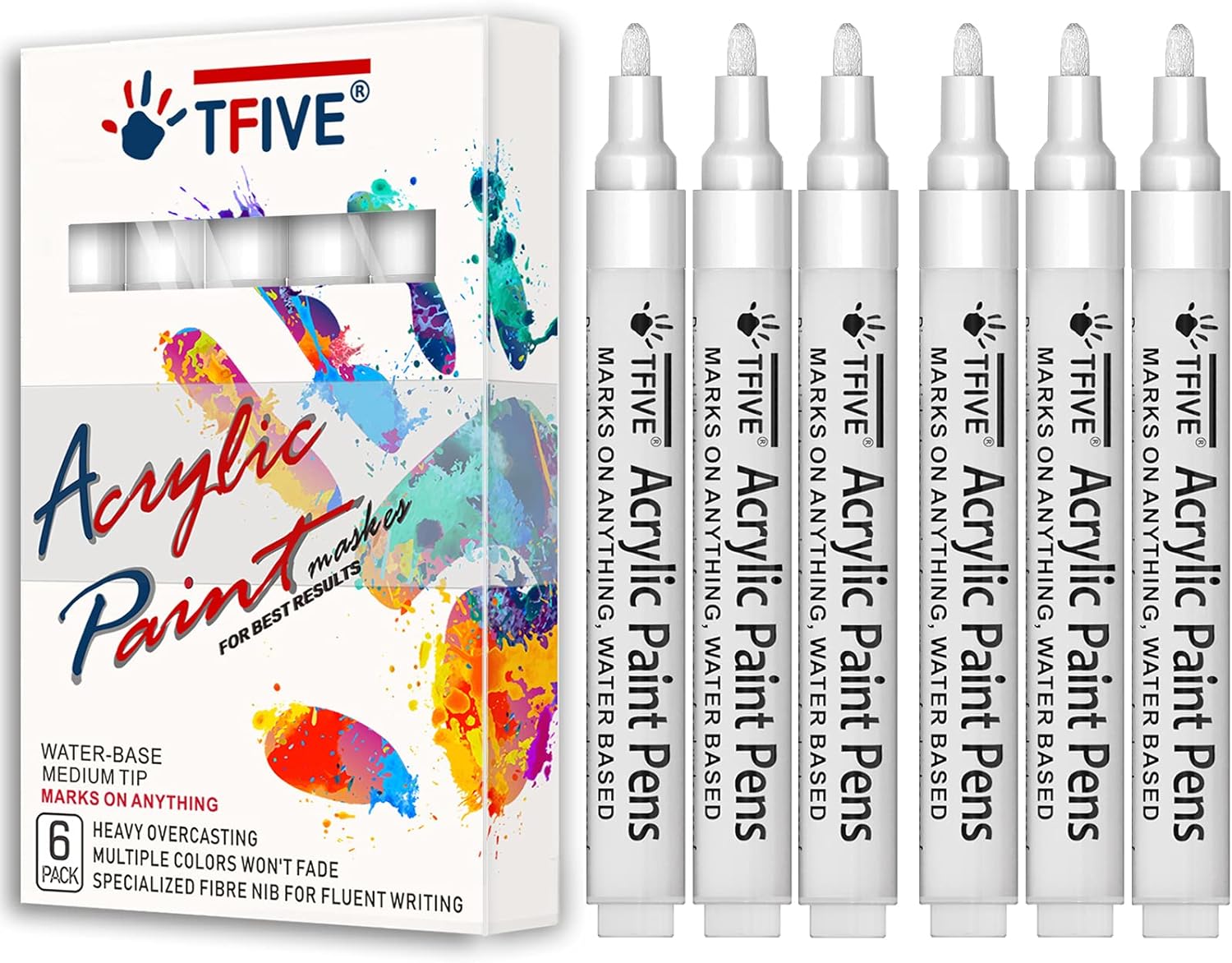 White Acrylic Paint Marker Pens - 2-3mm Medium Tip, 6 Pack Permanent White Water Based Paint Pen for DIY Projects, Paintings for Rock, Fabric, Wood, Leather, Metal, Ceramics, Paper, Glass, Plastic