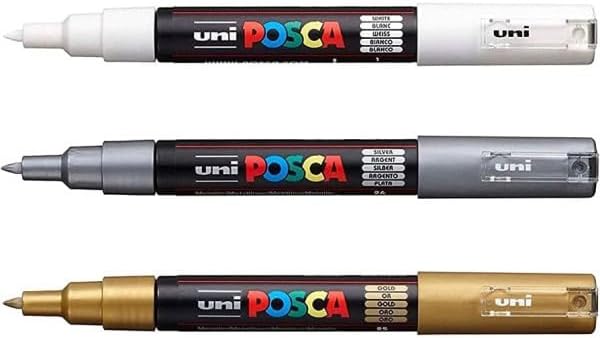 Posca PC-1M Paint Art Marker Pens - Fabric Glass Metal Pen - Set of White   Gold   Silver (1 of Each)