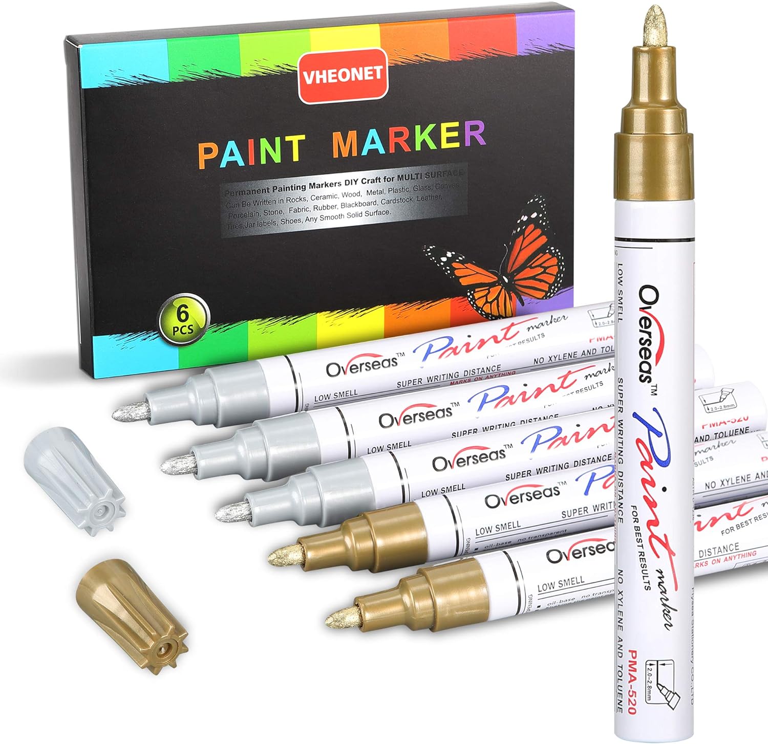 Paint Pen 3 Gold & 3 Silver Metallic Permanent Acrylic Markers Set for Fabric Glass Plastic Rock Wood Ceramic Leather Tire Painting, Medium Tip Fast Drying, Water Resistant Ink