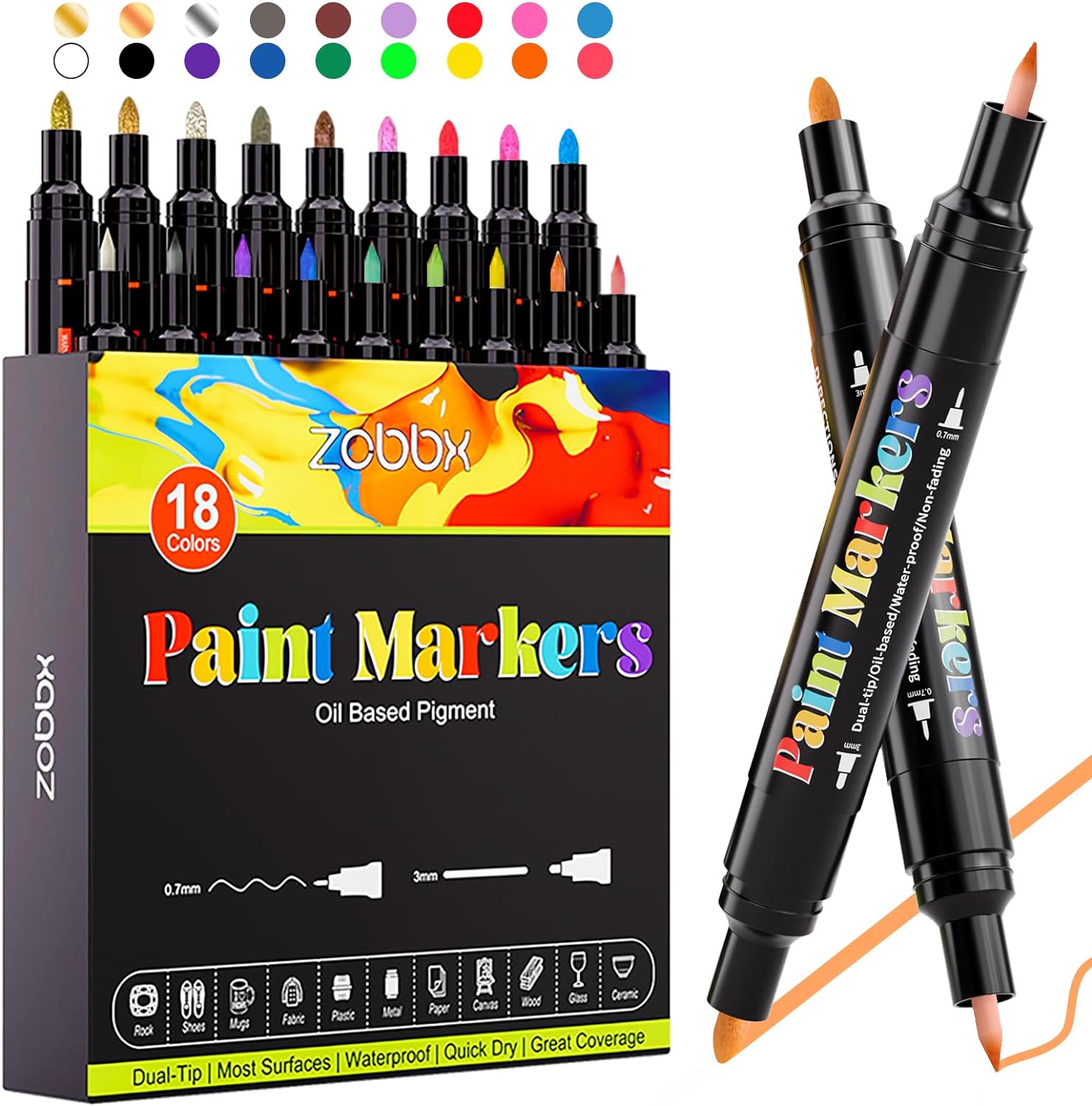 18 Colors Paint Pens Paint Markers, Dual Tip Oil-Based Paint Markers, Permanent, Waterproof, Quick Dry, Works on Metal, Wood, Fabric, Plastic, Rock Painting, Stone, Mugs, Canvas, Glass