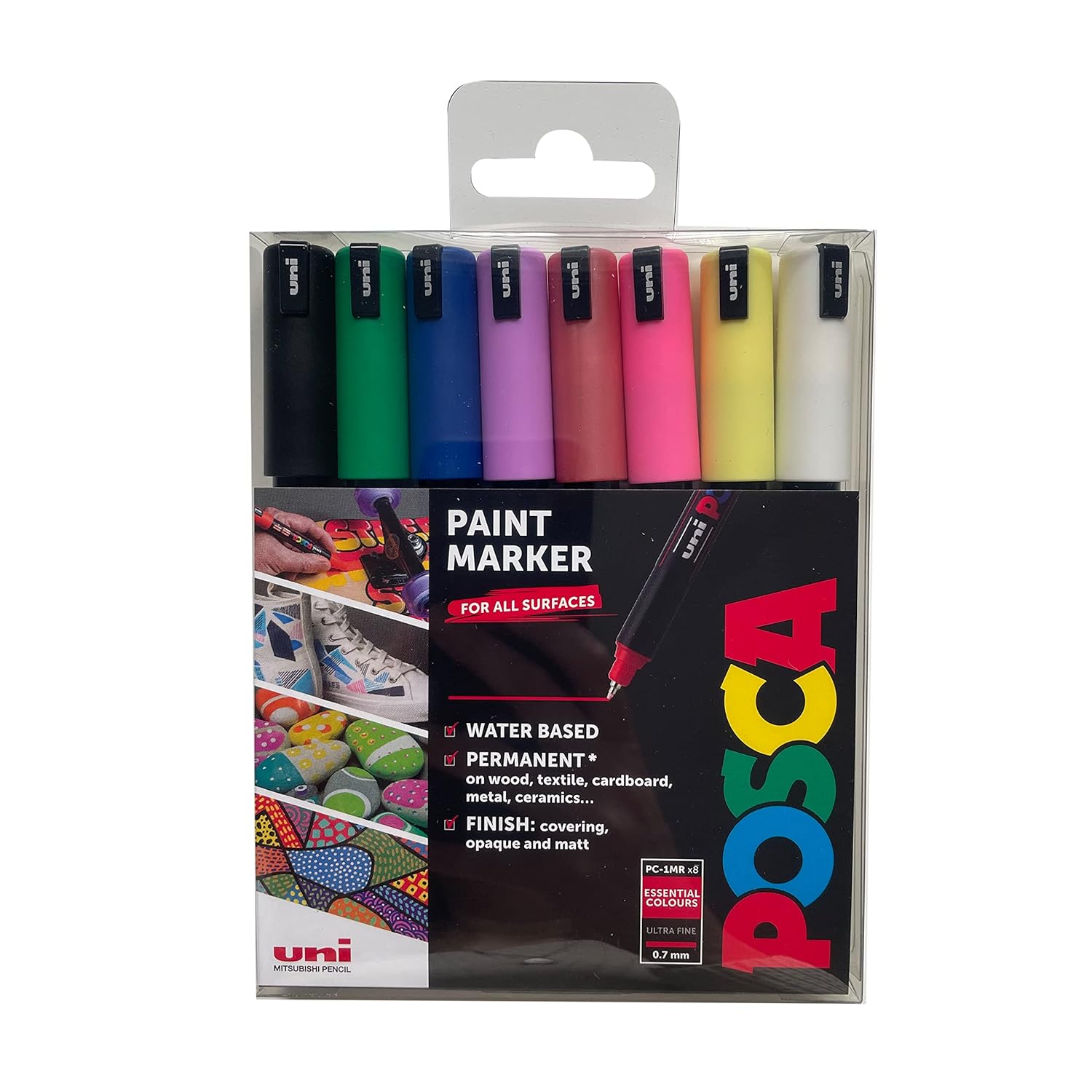 POSCA PC-1MR Water Based Permanent Marker Paint Pens. Ultra Fine Tip for Art & Crafts. Multi Surface Use On Wood Metal Paper Canvas Cardboard Glass Fabric Ceramic Rock Stone Pebble Porcelain. Set of 8