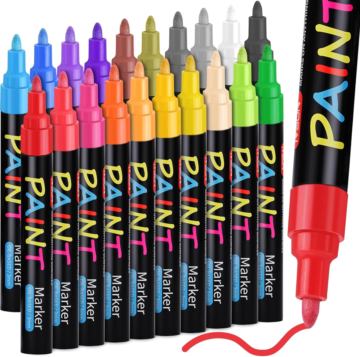 IVSUN Paint Pens Paint Markers, 20 Colors Oil-Based Waterproof Paint Marker Pen Set, Never Fade Quick Dry and Permanent, Works on Rocks Painting, Wood, Fabric, Plastic, Canvas, Glass, Mugs