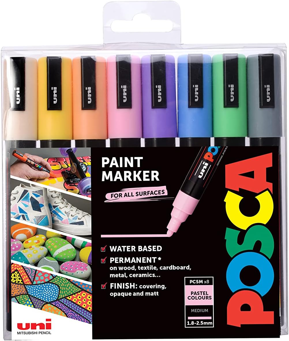 Posca PC-5M Permanent Marker Paint Pens. Medium Bullet Tip for Art & Crafts. Multi Surface Use On Wood Metal Paper Canvas Cardboard Glass Fabric Ceramic Rock Pebble Porcelain. Set of 8 Pastel Colours