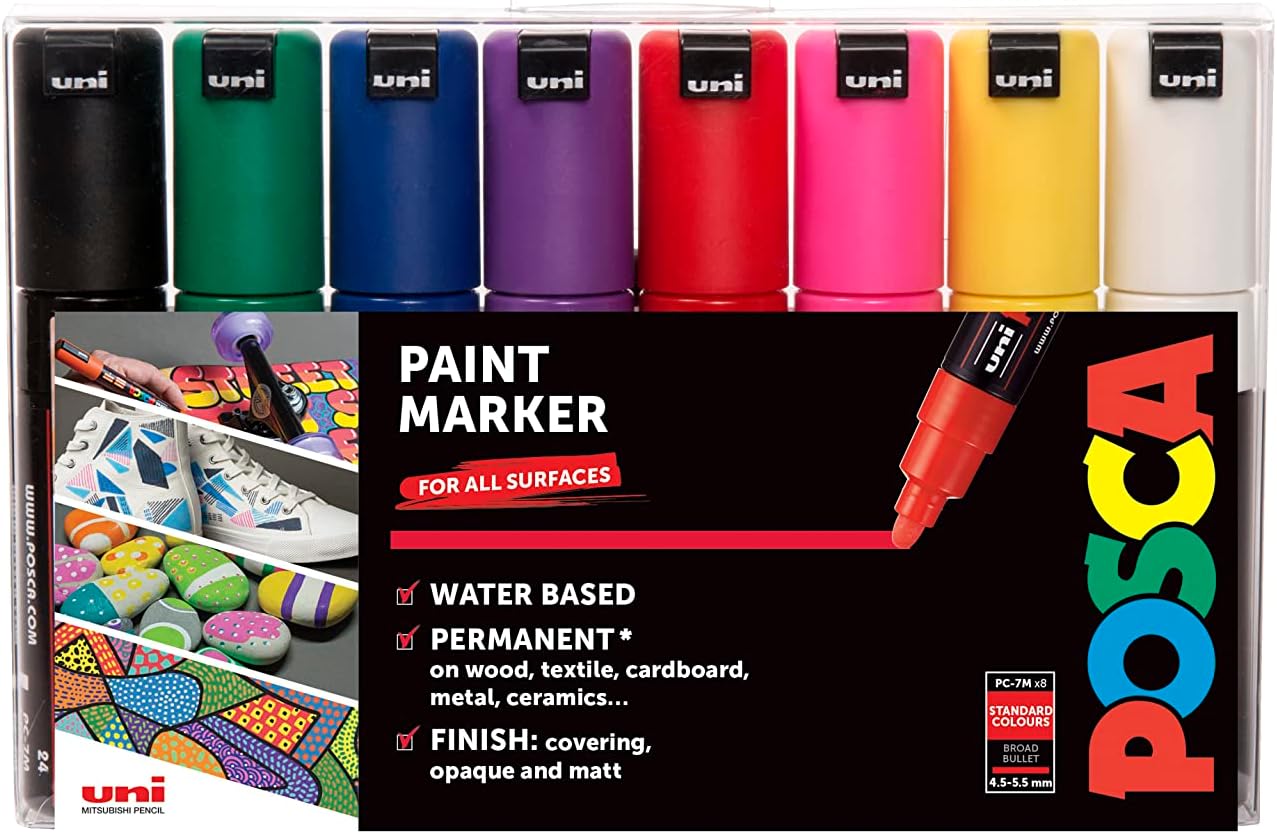 Posca PC-7M Permanent Marker Paint Pens. Broad Bullet Tip for Art & Crafts. Multi Surface Use On Wood Metal Paper Canvas Cardboard Glass Fabric Ceramic Rock Pebble Stone Porcelain. Set of 8 Colours