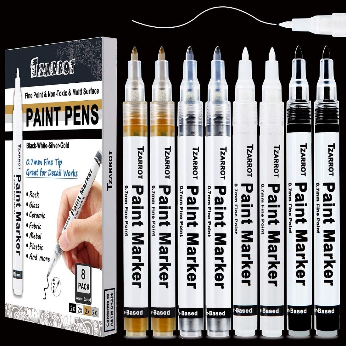 White Paint Pen, 8 Pack 0.7mm Acrylic Paint Pens with 2 White 2 Black 2 Gold 2 Silver Paint Pen Permanent Marker for Wood Rock Fabric Metal Plastic Ceramic Acrylic Paint Markers Extra Fine Tip