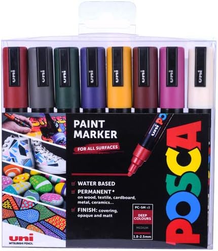 Posca PC-5M Water Based Permanent Marker Paint Pens. Premium Medium Tip for Arts and Crafts. Multi-surface Use On Wood, Metal, Paper, Cardboard, Glass, Fabric, Ceramic & Stone. Set of 8 Deep Colours