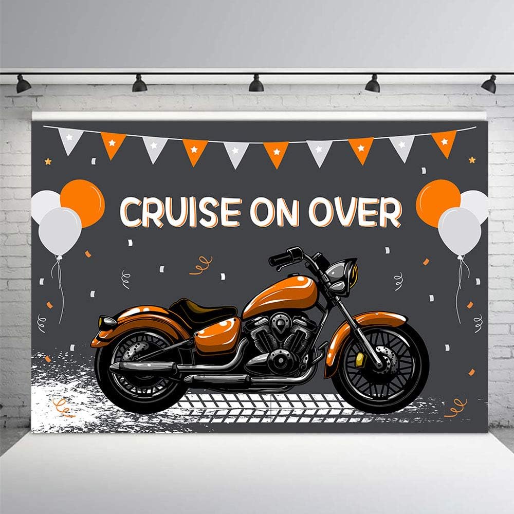 MEHOFOND Motorcycle Boy Birthday Party Backdrop Props Boy Happy 1st Birthday Cruise On Over Ride Photography Orange Silver Balloons Background Photo Banner for Cake Table Supplies 7x5ft