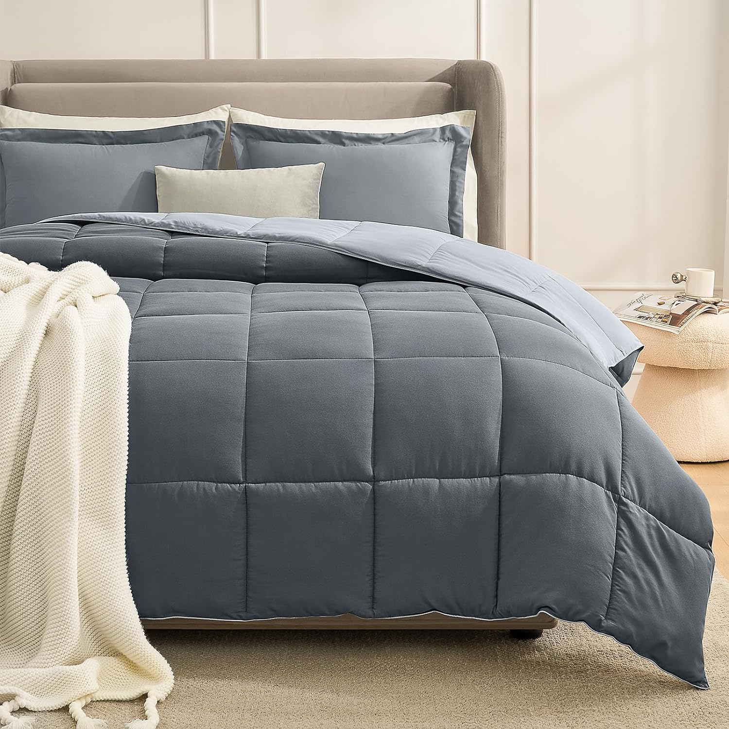 Homelike Moment Queen Comforter Set Grey, Lightweight Reversible Comforters Queen Size Set, Soft Down Alternative Bed Comforter Full Size All Season 3 Pcs Bedding Set with 2 Shams Dark Grey/Light Gray