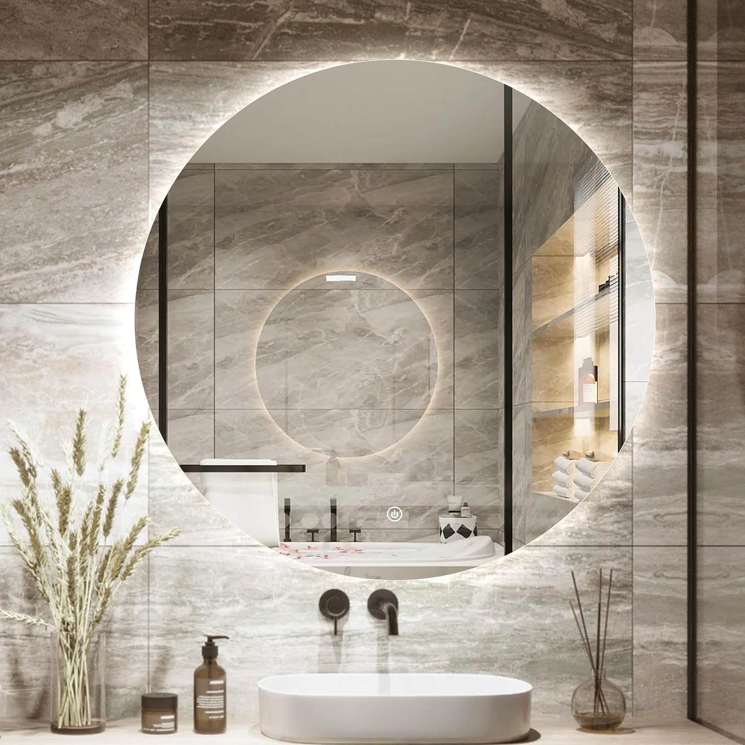 Round LED Bathroom Mirror with Light, 24 Backlit Mirror for Bathroom, Frameless LED Smart Vanity Mirror with 3 Color Lights, Anti-Fog, Smart Touch Button, Shatter-Proof, IP65, 90  CRI