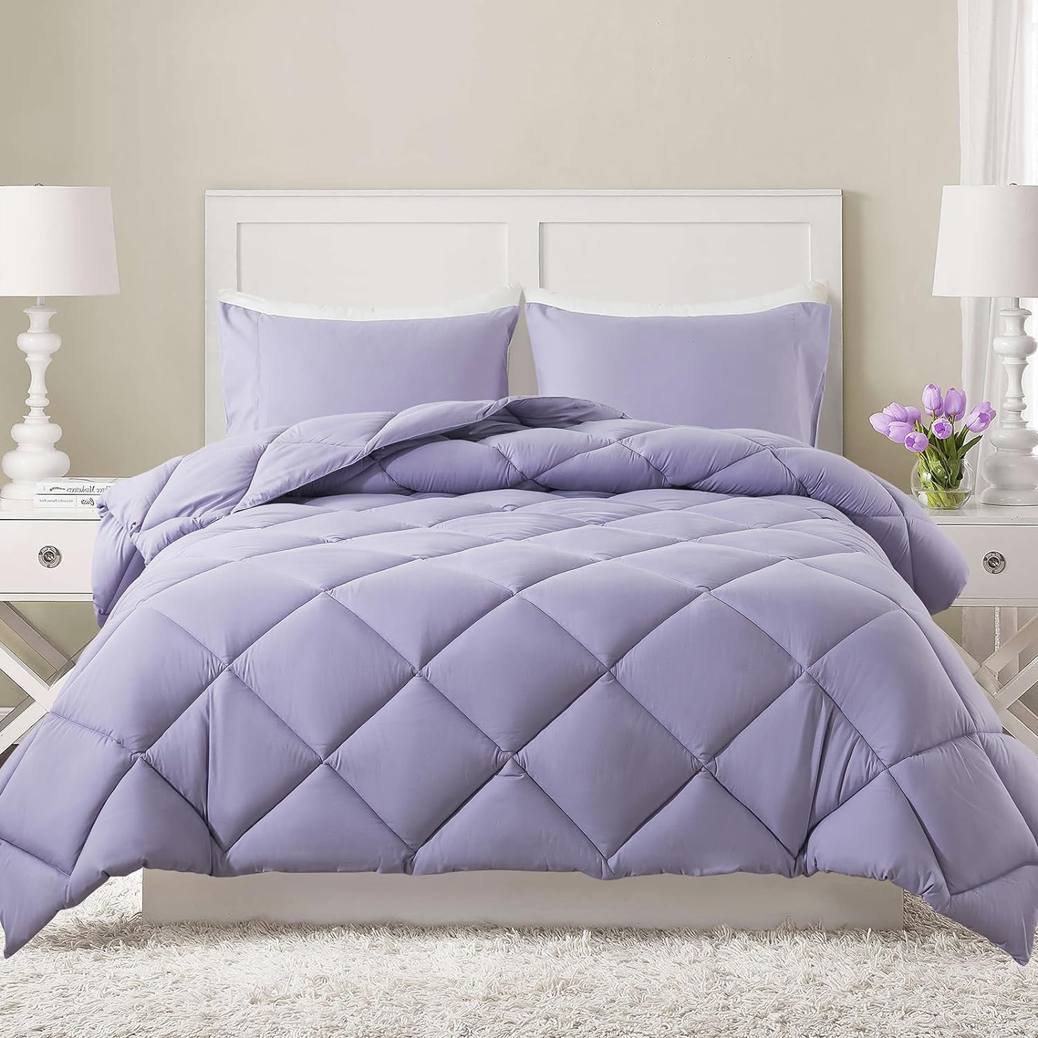 Decroom Lightweight King Comforter Set with 2 Pillow Sham - 3 Pieces Set - Quilted Down Alternative Comforter/Duvet Insert for All Season - Lavender - King Size