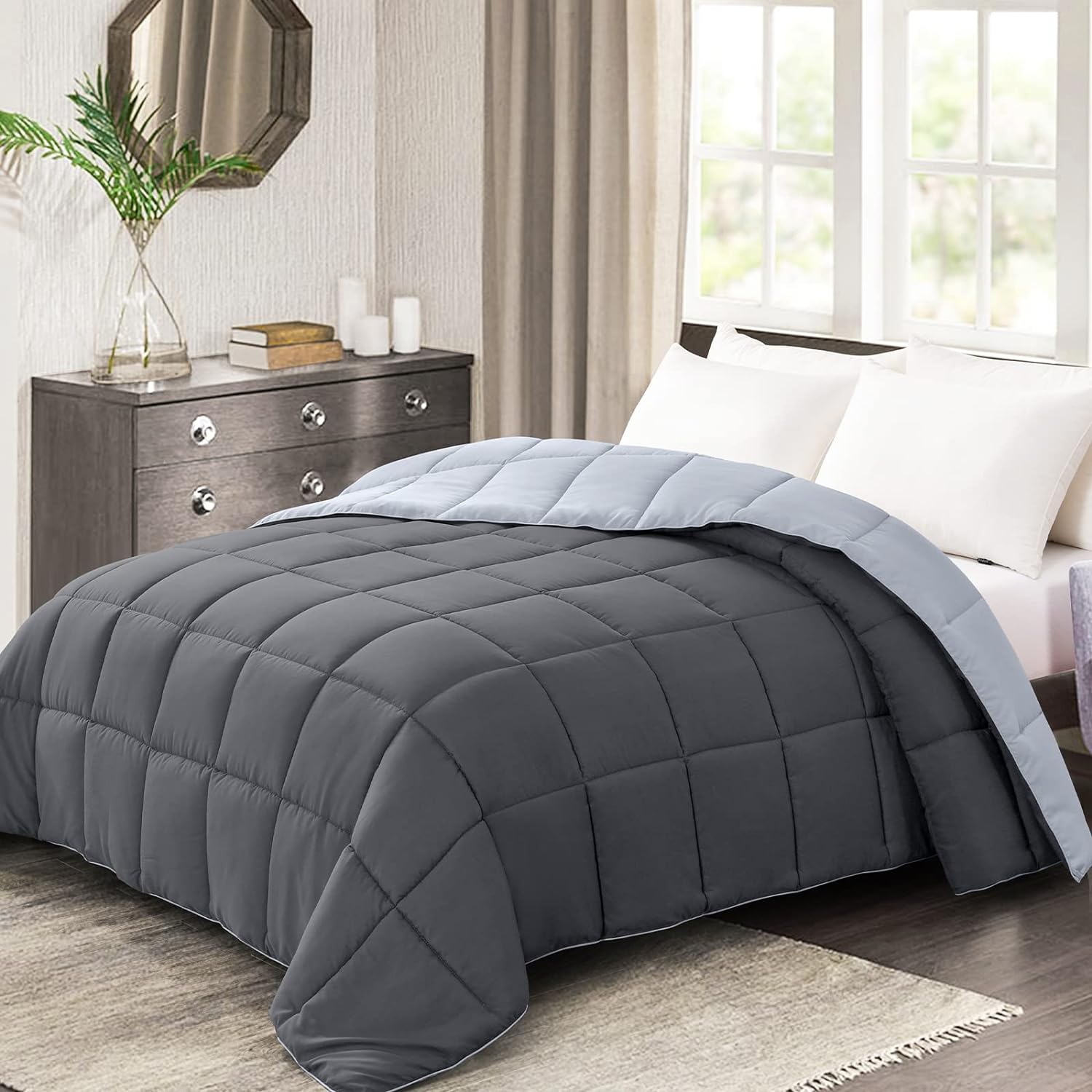 Homelike Moment Lightweight King Comforter - Grey Down Alternative Bedding King Size Comforters, All Season Duvet Insert Quilted Reversible Bed Comforter Soft Cozy King Size Dark Gray/Light Grey