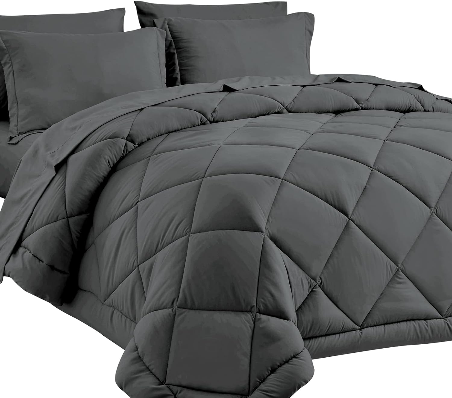 CozyLux Queen Bed in a Bag 7-Pieces Comforter Sets with Comforter and Sheets Dark Grey All Season Bedding Sets with Comforter, Pillow Shams, Flat Sheet, Fitted Sheet and Pillowcases