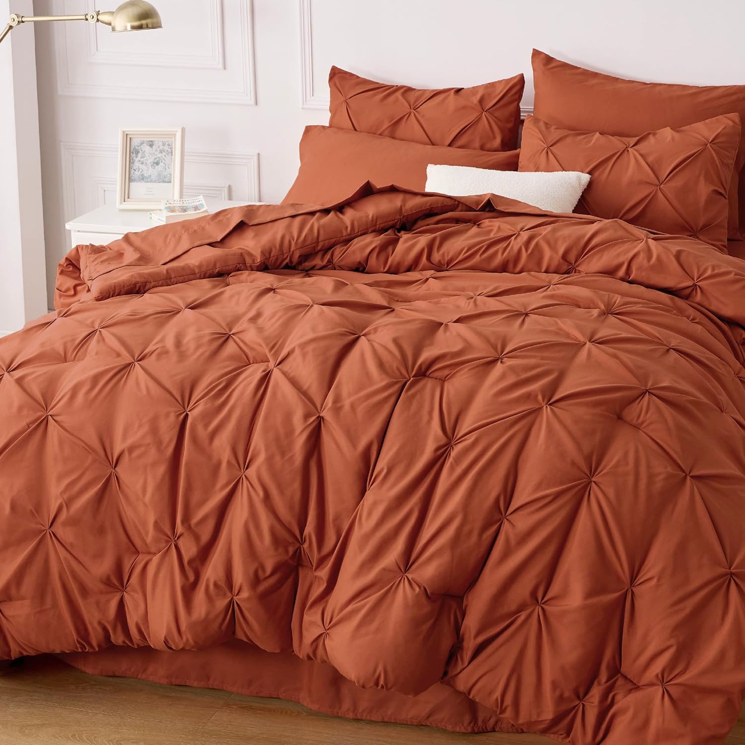 Bedsure Queen Comforter Set - Bed in a Bag Queen 7 Pieces, Pintuck Bedding Sets Burnt Orange Bed Set with Comforter, Sheets, Pillowcases & Shams